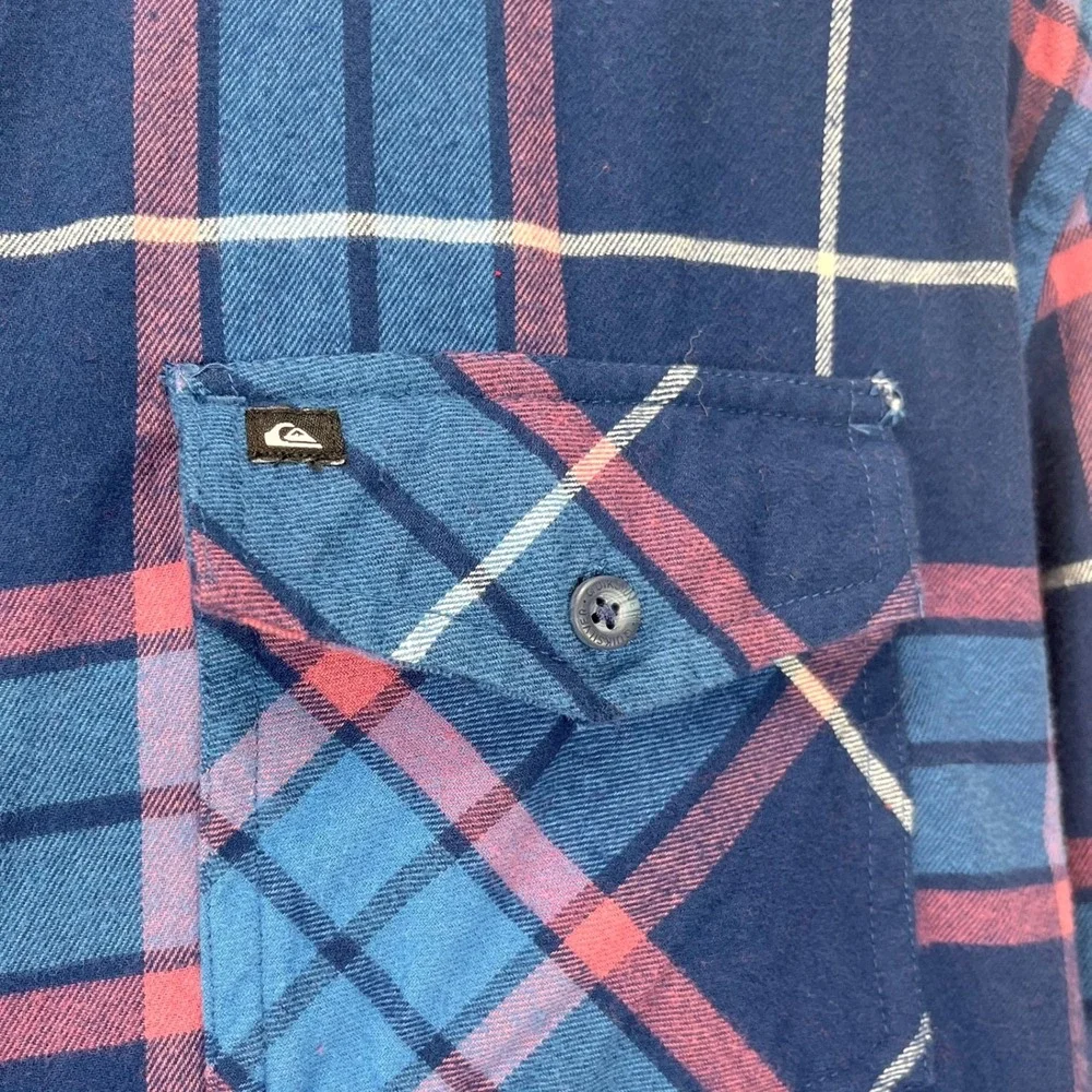 Quicksilver‎ Men Large Flannel Blue Pink Plaid Long Sleeve Button-Up Regular Fit